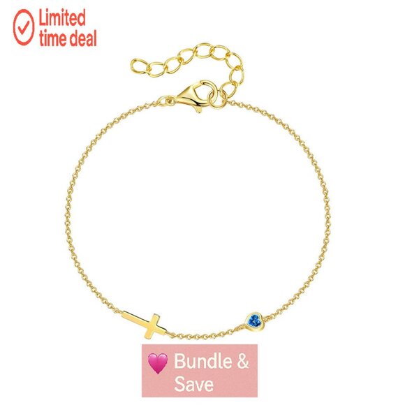 14K Gold Plated Cross Birthstone Bracelet, Adjustable, Religious Gift - Picture 1 of 8